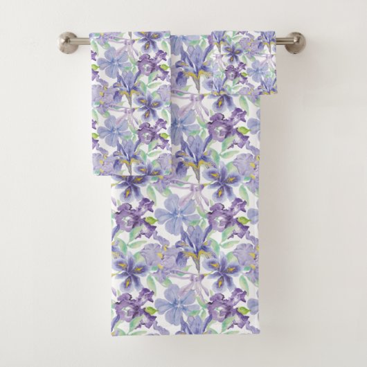 Waterverf Paarse Gele Iris Floral Flowers Bad Handdoek (Insitu)