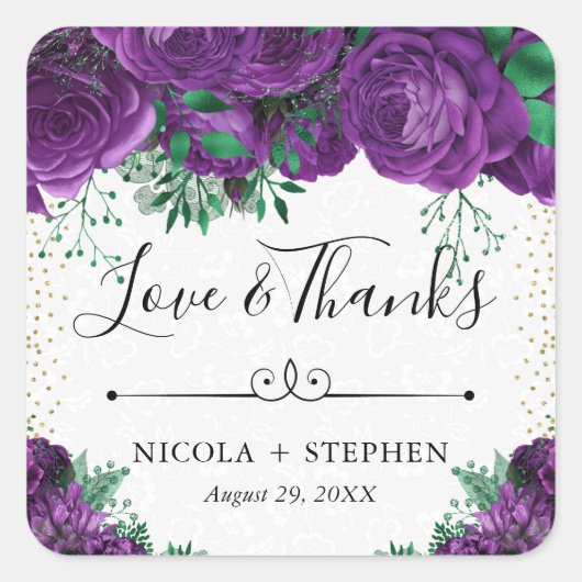 Waterverf Paarse Glam Rozen bruiloft Vierkante Sticker (Voorkant)