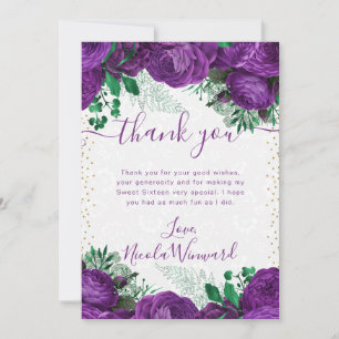 Waterverf Paarse Glamrozen Bloemen Sweet 16 Bedankkaart