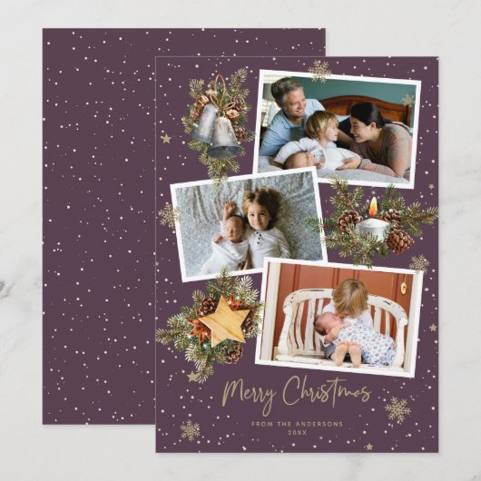 Waterverf Paarse Gold-fotografie met kerstkaarten Feestdagenkaart (Voorkant / Achterkant)