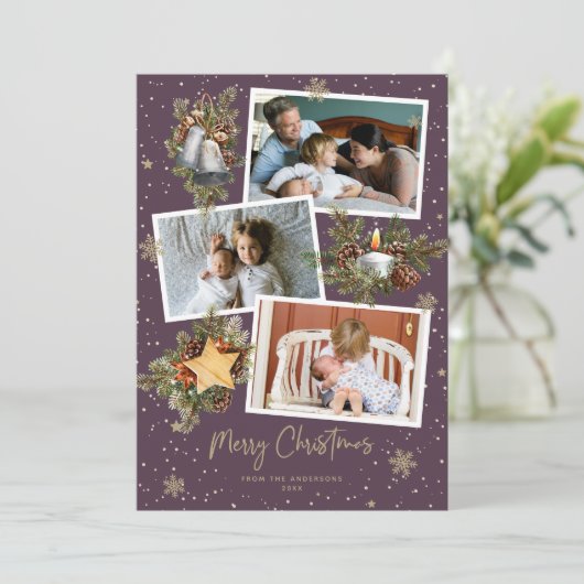 Waterverf Paarse Gold-fotografie met kerstkaarten Feestdagenkaart (Staand voorkant)