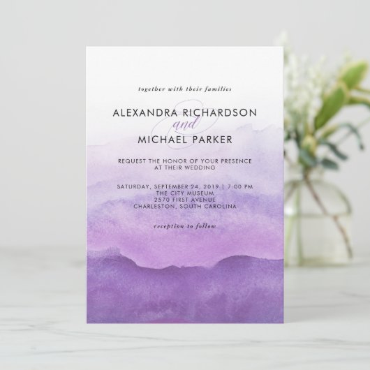 Waterverf Paarse golven | Uitnodiging tot weddensc (Staand voorkant)