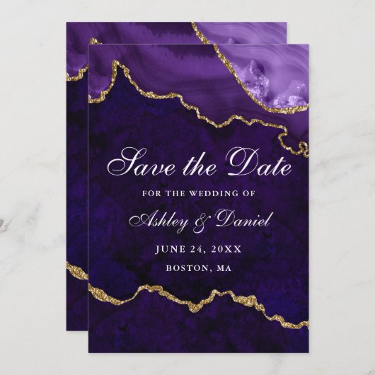 Waterverf Paarse Goud Marmer Agaat Geode Save The Date (Voorkant / Achterkant)
