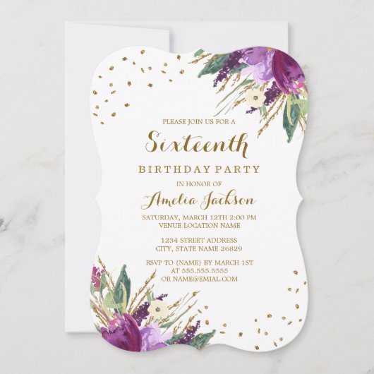 Waterverf Paarse Gouden Bloem 16e Verjaardagsfeest Kaart (Voorkant)