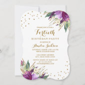 Waterverf Paarse Gouden Bloem 40e Verjaardagsfeest Kaart (Voorkant)