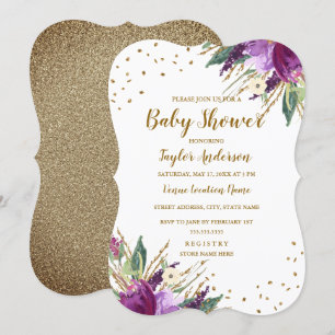 Waterverf Paarse Gouden Bloem Baby Shower Kaart