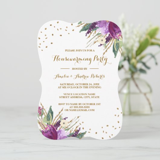 Waterverf Paarse Gouden Bloem Housewarming Party Kaart (Staand voorkant)
