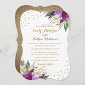 Waterverf Paarse Gouden Bloem Huwelijksuitnodiging Kaart (Voorkant / Achterkant)