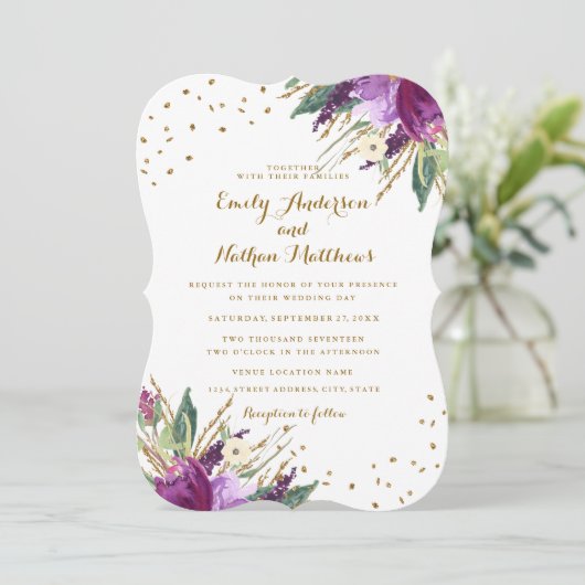 Waterverf Paarse Gouden Bloem Huwelijksuitnodiging Kaart (Staand voorkant)