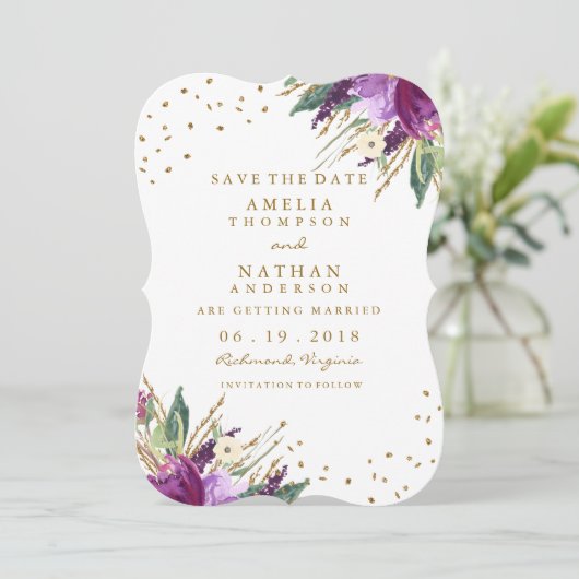 Waterverf Paarse Gouden Bloem Opslaan van de Datum Save The Date (Staand voorkant)