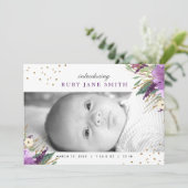 Waterverf Paarse Gouden Glitter Geboorteaankondigi Aankondiging (Staand voorkant)