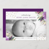 Waterverf Paarse Gouden Glitter Geboorteaankondigi Aankondiging (Voorkant / Achterkant)