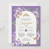 Waterverf Paarse & Gouden Vlinder Quinceañera Kaart (Voorkant)