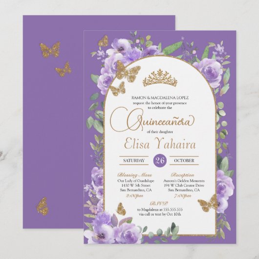 Waterverf Paarse & Gouden Vlinder Quinceañera Kaart (Voorkant / Achterkant)