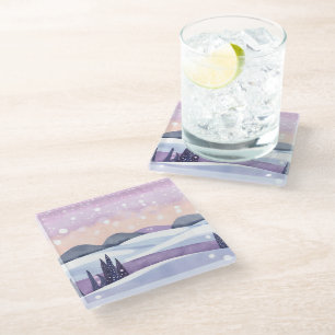 Waterverf Paarse Heuvels Winter Glazen Onderzetter