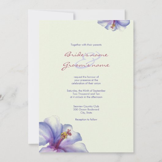Waterverf Paarse hibiscus Wedding Invitations Kaart (Voorkant)