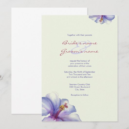 Waterverf Paarse hibiscus Wedding Invitations Kaart (Voorkant / Achterkant)