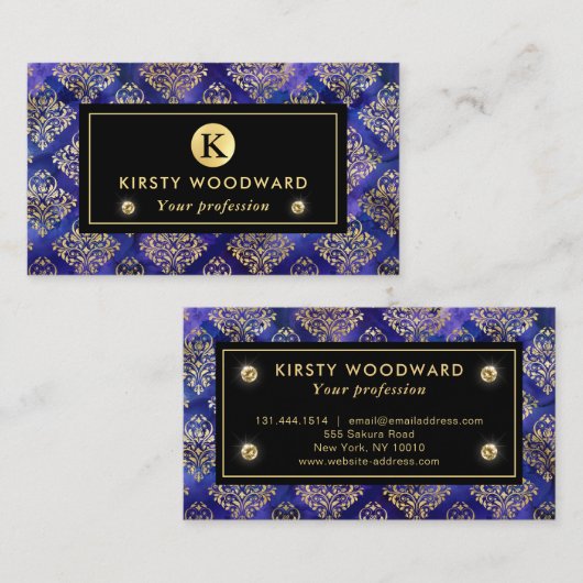 Waterverf Paarse Inktpatroon met Gouden Damast Visitekaartje (Voorkant / Achterkant)