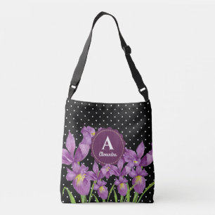 Waterverf Paarse Iris Black White Polka Dots Crossbody Tas