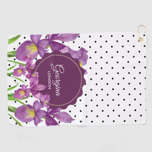 Waterverf Paarse Iris Black White Polka Dots Golfhanddoek (Horizontaal)