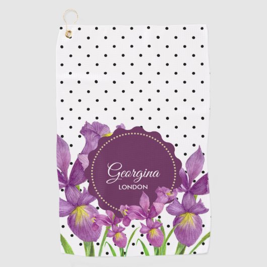 Waterverf Paarse Iris Black White Polka Dots Golfhanddoek (Voorkant)