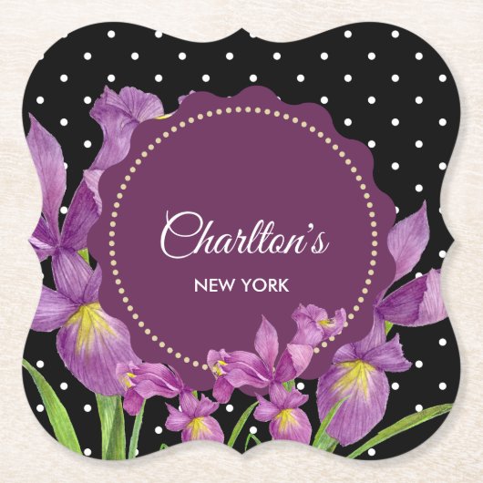 Waterverf Paarse Iris Black White Polka Dots Kartonnen Onderzetters (Voorkant)