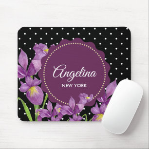 Waterverf Paarse Iris Black White Polka Dots Muismat