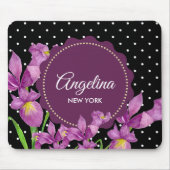 Waterverf Paarse Iris Black White Polka Dots Muismat (Voorkant)