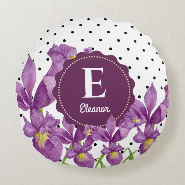 Waterverf Paarse Iris Black White Polka Dots Rond Kussen (Voorkant)