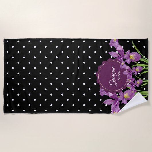 Waterverf Paarse Iris Black White Polka Dots Strandlaken (Voorkant)