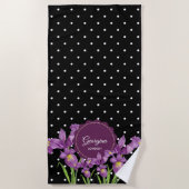 Waterverf Paarse Iris Black White Polka Dots Strandlaken (Voorkant)