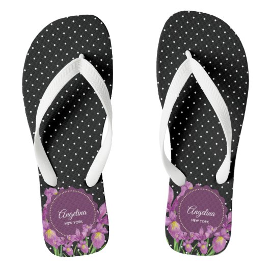 Waterverf Paarse Iris Black White Polka Dots Teenslippers (Voetbed)