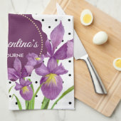 Waterverf Paarse Iris Black White Polka Dots Theedoek (Quarter Fold)
