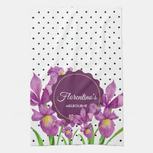 Waterverf Paarse Iris Black White Polka Dots Theedoek