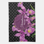 Waterverf Paarse Iris Black White Polka Dots Theedoek (Verticaal)