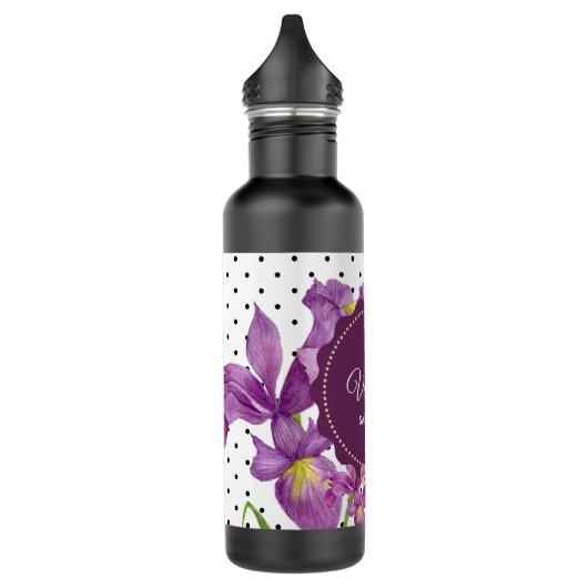 Waterverf Paarse Iris Black White Polka Dots Waterfles (Links)