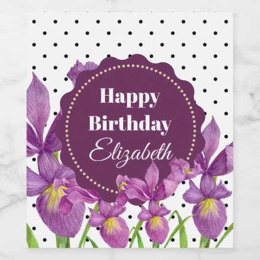 Waterverf Paarse Iris Black White Polka Dots Wijn Etiket (Enkel label)