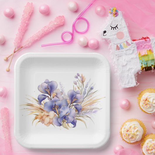 Waterverf Paarse iris boeket Papieren Bordje (Feest)