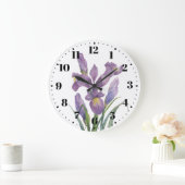 Waterverf Paarse Iris Botanische Floral Art Grote Klok (Huis)
