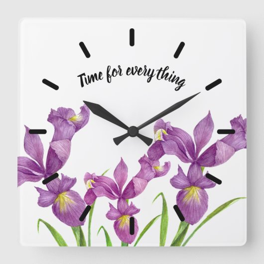 Waterverf Paarse Iris Botanische Floral Art Vierkante Klok (Voorkant)