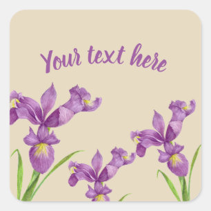 Waterverf Paarse Iris Botanische Floral Art Vierkante Sticker