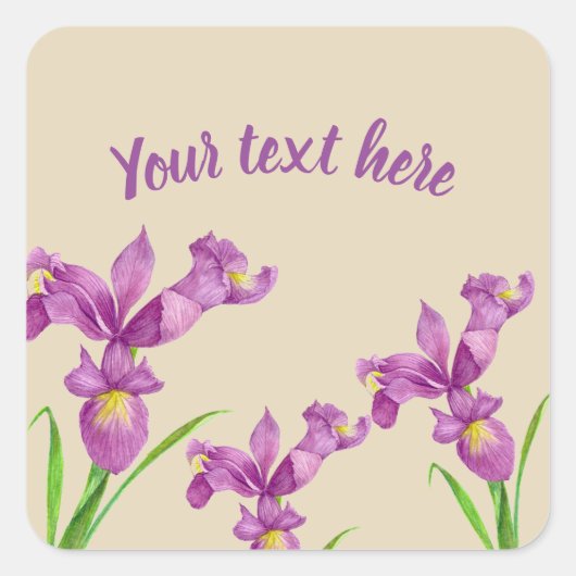 Waterverf Paarse Iris Botanische Floral Art Vierkante Sticker (Voorkant)