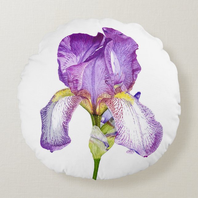 Waterverf Paarse Iris ~ Chic Floral Round Pillow Rond Kussen (Voorkant)