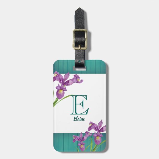 Waterverf Paarse Iris Floral Art Monogram Bagagelabel (Voorkant verticaal)