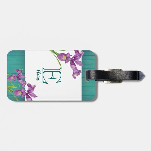 Waterverf Paarse Iris Floral Art Monogram Bagagelabel (Achterkant horizontaal)