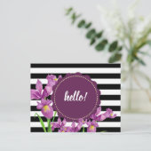 Waterverf Paarse Iris Floral Black White Stripes Briefkaart (Staand voorkant)