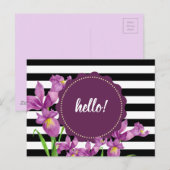 Waterverf Paarse Iris Floral Black White Stripes Briefkaart (Voorkant / Achterkant)