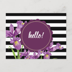 Waterverf Paarse Iris Floral Black White Stripes Briefkaart