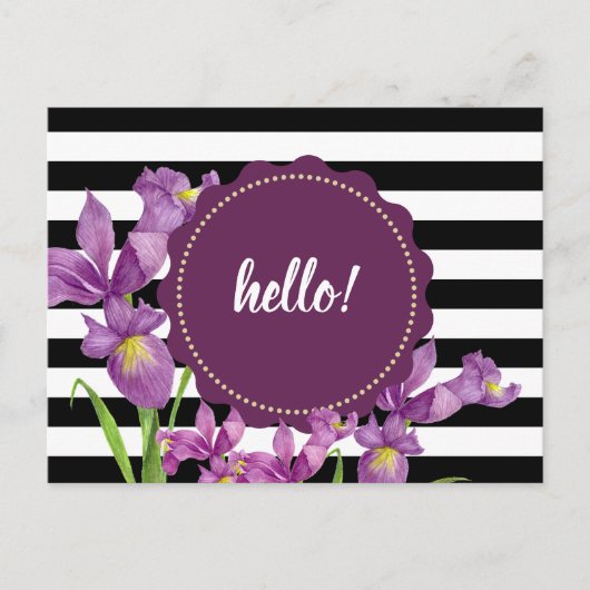 Waterverf Paarse Iris Floral Black White Stripes Briefkaart (Voorkant)