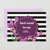 Waterverf Paarse Iris Floral Black White Stripes Briefkaart (Voorkant / Achterkant)